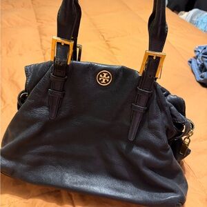 Tory Burch Black Leather Shoulder Bag with Gold Accents